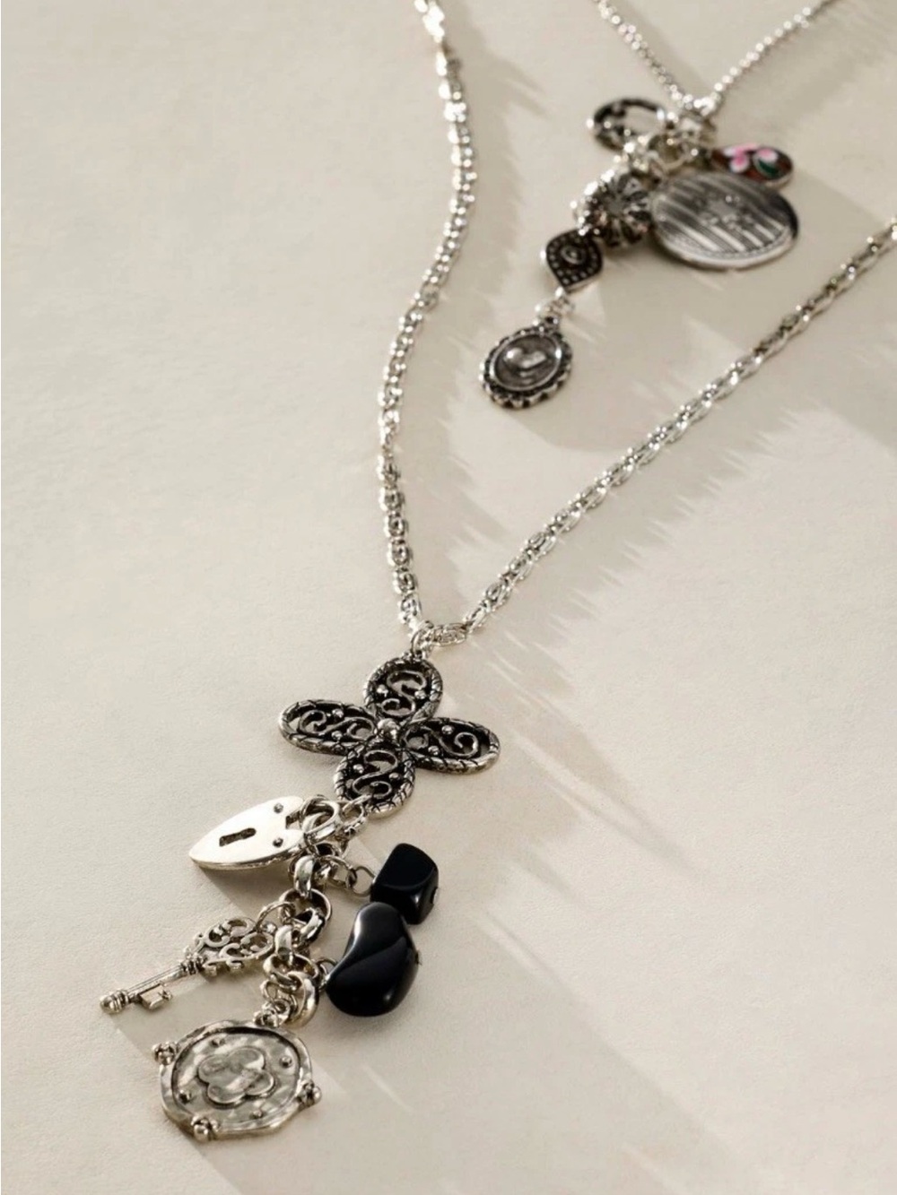 Free People Winlet Layer Necklace Silver Tone Mixed Long 3 Layer Charms - Picture 3 of 6